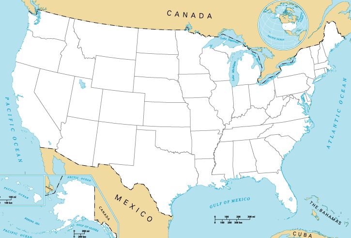 A blank outline map of the United States with state borders